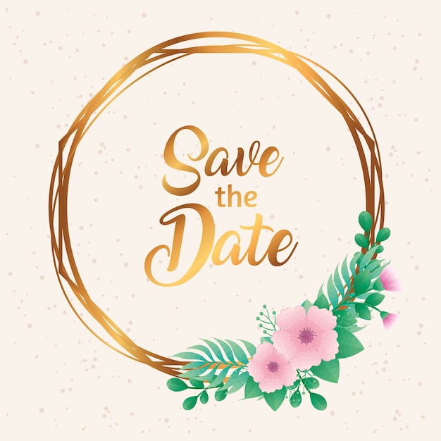 Bruiloft uitnodiging met sparen de datum belettering en bloemen in gouden frame vectorillustratie