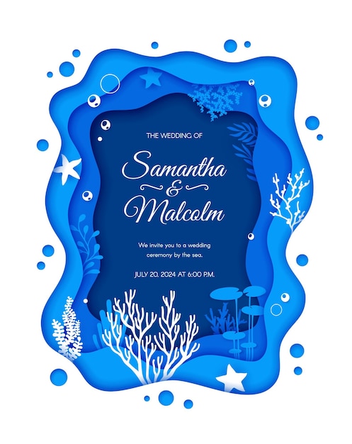 Bruiloft uitnodiging met zee papier gesneden landschap en zeewier silhouetten Blauw water Golf vector 3d frame met koralen zeester algen en bubbels papercut randen bruiloft uitnodiging sjabloon