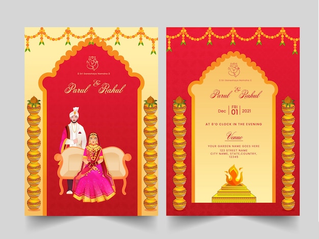 Bruiloft uitnodiging sjabloon lay-out met Indiase jonggehuwde paar in rode en gouden kleur.