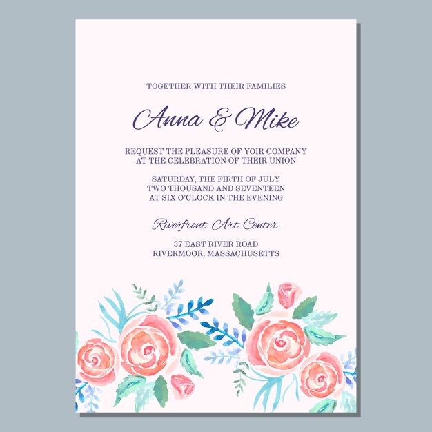 Bruiloft uitnodiging sjabloon met aquarel rozen