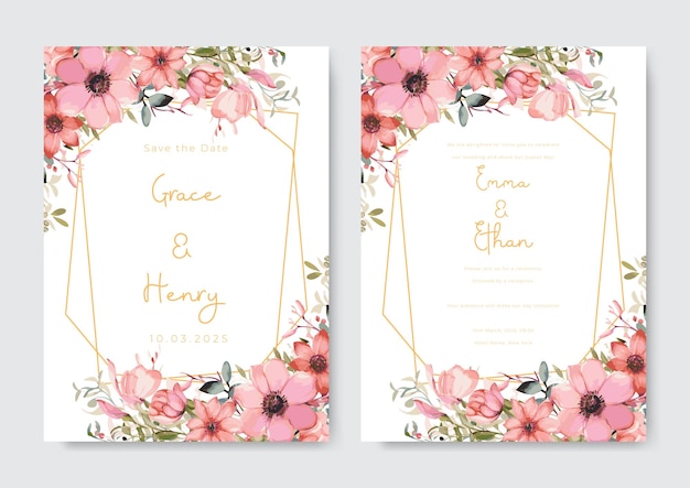 Bruiloft uitnodiging sjabloon met bloemenveer aquarel