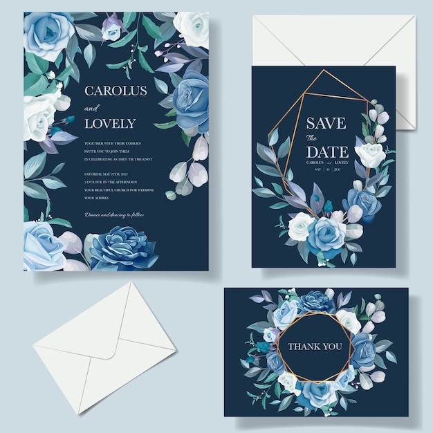 Bruiloft uitnodiging sjabloon met mooi blauw bloemenboeket en randdecoratie