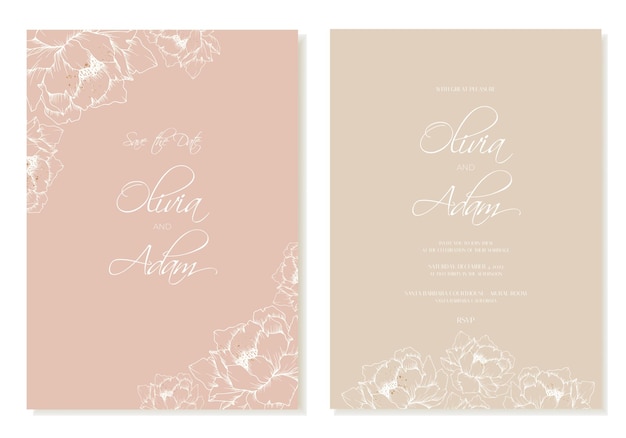 Bruiloft uitnodiging sjabloon met omtrek bloemen pioenrozen in delicate beige roze kleuren Rsvp card