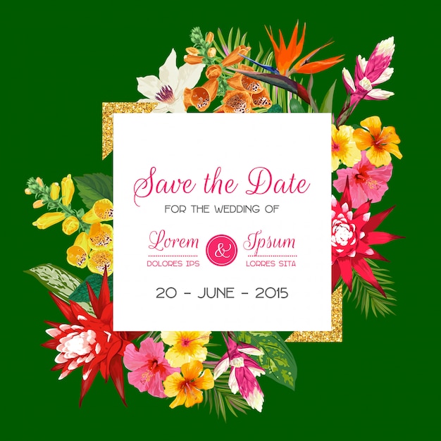 Bruiloft uitnodiging sjabloon met Tiger Lily bloemen en palmbladeren. Tropical Floral Save the Date Card