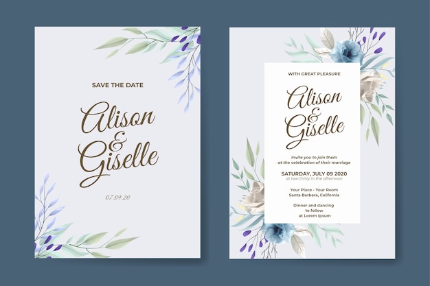 bruiloft uitnodiging sjabloon set met blauw roze bloem