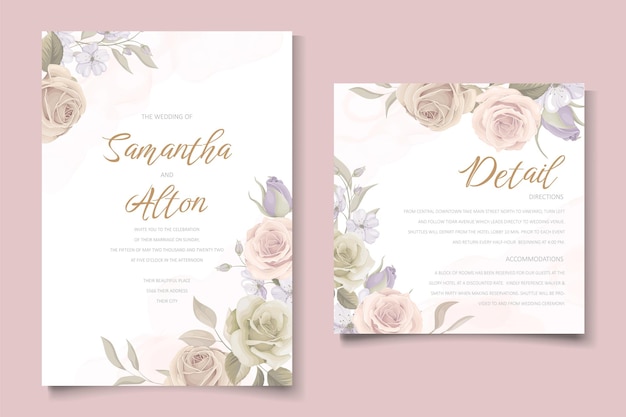 Bruiloft uitnodiging sjabloon set met bloemen en bladeren decoratie