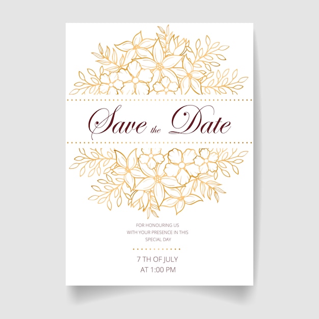 Bruiloft uitnodigingskaart, bewaar deze datum met goudgele bloemen, bladeren en takken.