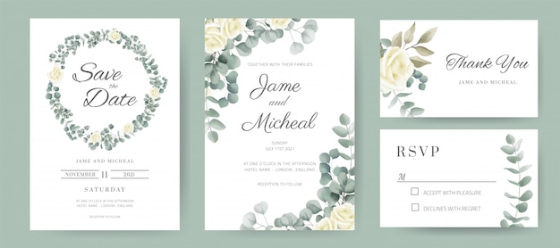 Vector bruiloft uitnodigingskaart. cirkelring boeket van witte rozen en eucalyptusbladeren. sjabloon kaartenset.