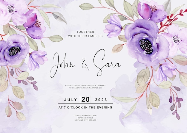 Bruiloft uitnodigingskaart met aquarel paarse bloem