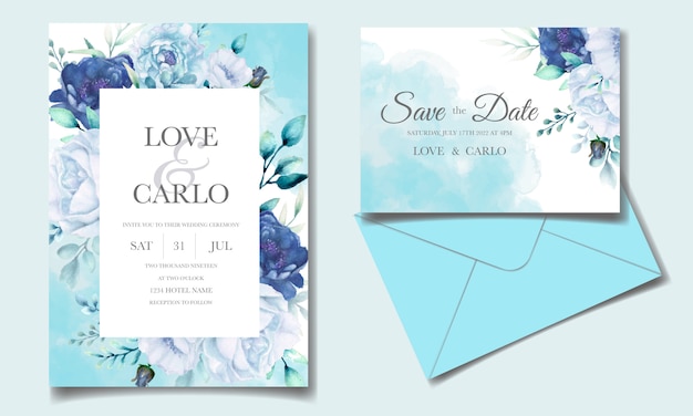 Bruiloft uitnodigingskaart met blauwe aquarel bloemen