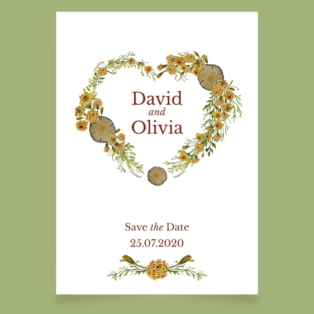 Bruiloft uitnodigingskaart met gele bloemen hart