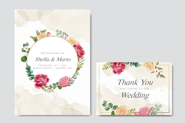 Bruiloft uitnodigingskaart met kleurrijke bloemen en gouden frame