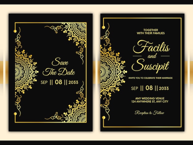 Bruiloft uitnodigingskaart met luxe zwarte en gouden bloemen mandala achtergrond