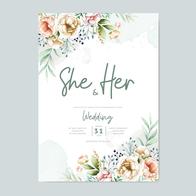 Vector bruiloft uitnodigingskaart met mooie aquarel bloemen sjabloon