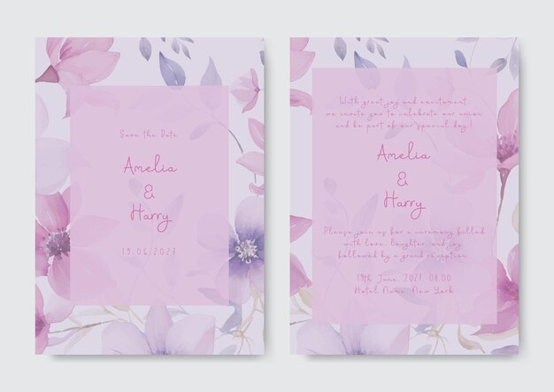 Bruiloft uitnodigingskaart met paarse kersenbloesem bloemdessin Bruiloft uitnodiging sjabloon