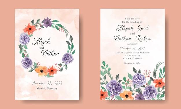 Bruiloft uitnodigingskaart met paarse oranje aquarel Florals krans en abstracte grunge achtergrond