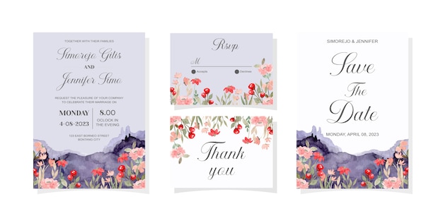 bruiloft uitnodigingskaart met wilde bloemen blauwe berg aquarel