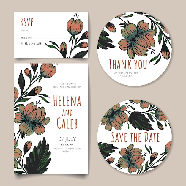 Vector bruiloft uitnodigingskaart save the date kaart rsvp kaart bedankkaart met bloemen bladeren en takken