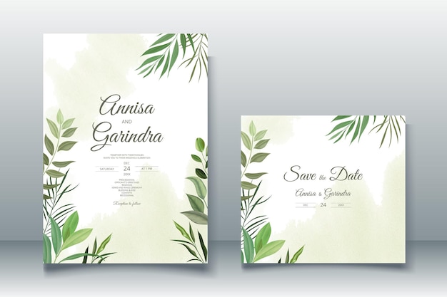 Bruiloft uitnodigingskaart sjabloon set met mooie bladeren premium vector