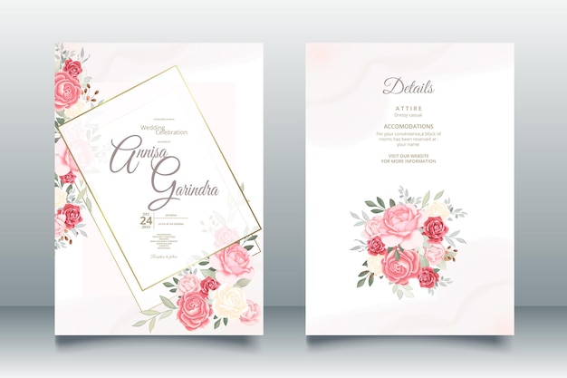 Bruiloft uitnodigingskaart sjabloon set met prachtige bloemen bladeren