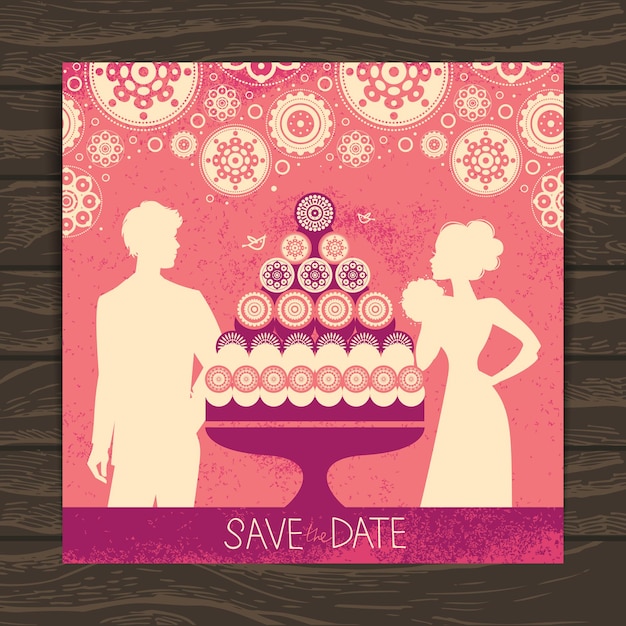 Bruiloft uitnodigingskaart. vintage illustratie met pasgetrouwden silhouetten en cake