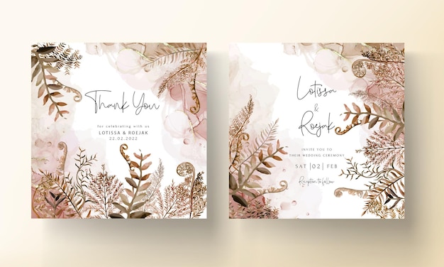 bruiloft uitnodigingskaartsjabloon met aquarel bruine bladeren