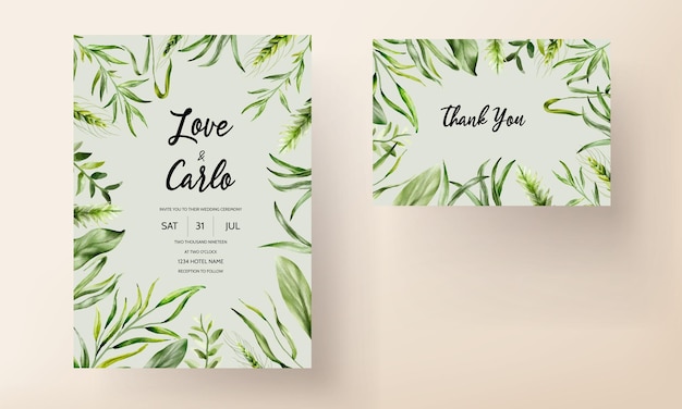Bruiloft uitnodigingskaartsjabloon met prachtige groene bladeren