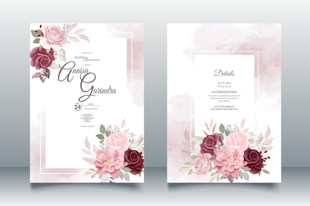 Bruiloft uitnodigingskaartsjabloon set met prachtige kastanjebruine bloemenbladeren Premium Vector