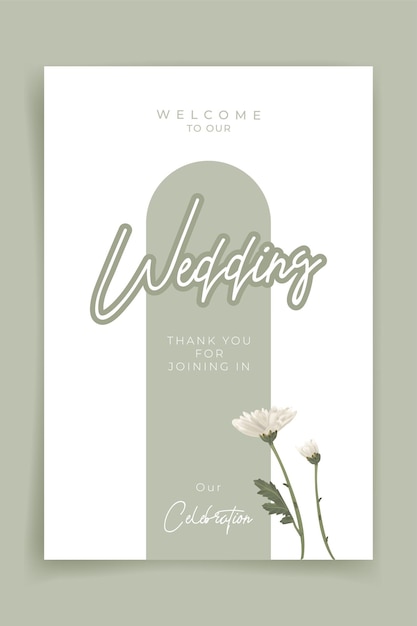 Vector bruiloft welkomstbanner met witte bloem op groene pastelachtergrond elegante en minimalistische stijl