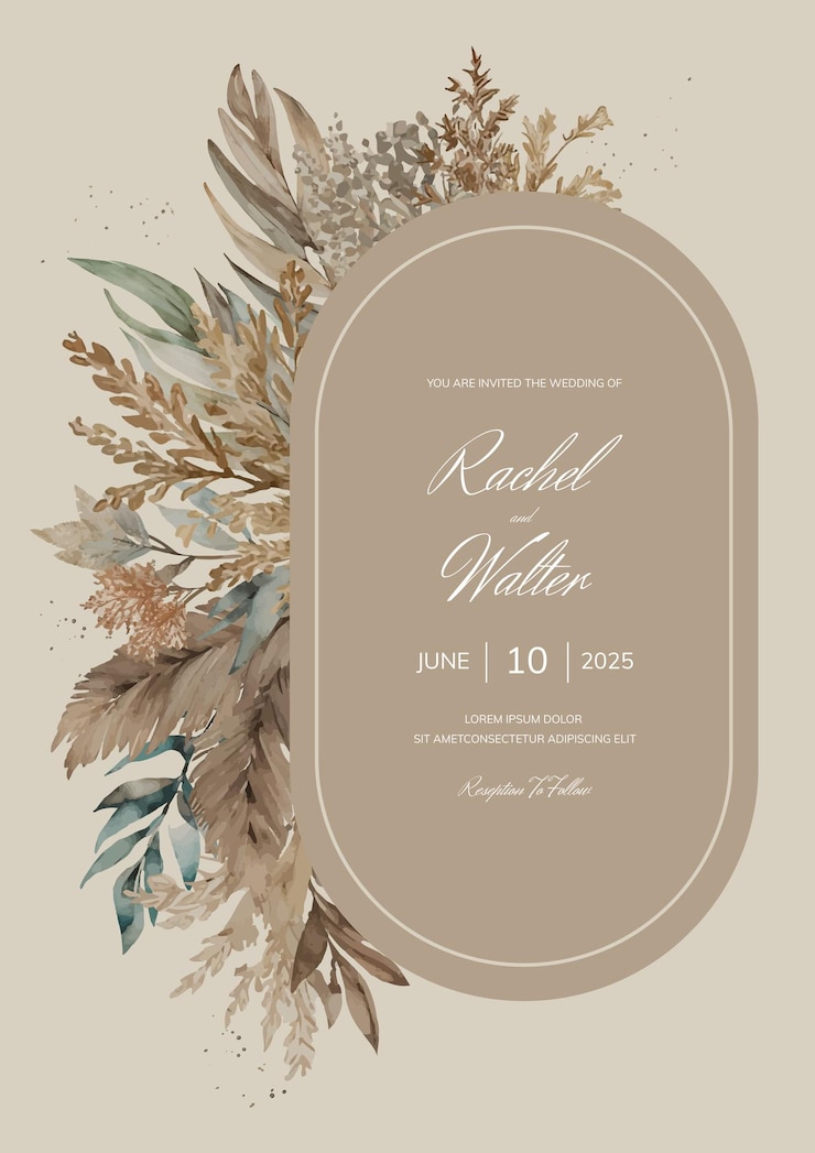 Vector bruiloftsuitnodiging sjabloon in natuurlijke boho rustieke stijl in beige kleuren gedroogde bloemen pampas gras