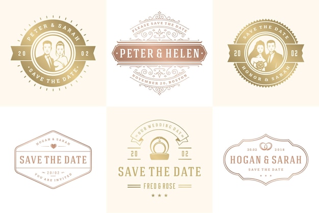 Bruiloftsuitnodigingen opslaan de datum logo's en badges vector elegante sjablonen set
