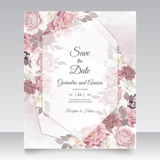 Bruin bruiloft uitnodiging sjabloon met bloemen frame