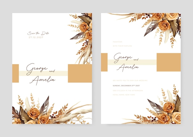 Bruin wit en beige moderne bruiloft uitnodiging sjabloon met bloemen en bloemen