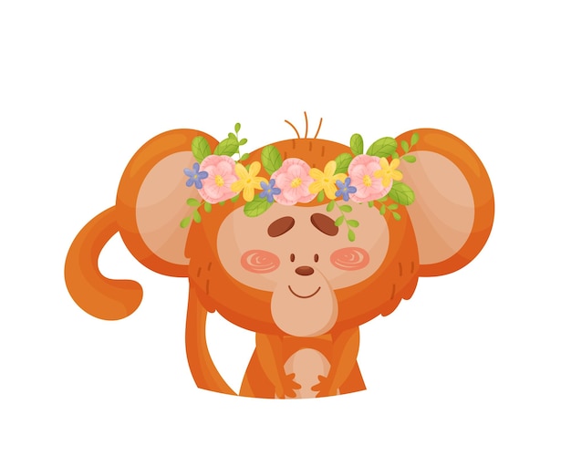 Bruine aap met een krans van bloemen op zijn hoofd Vector illustratie op een witte achtergrond