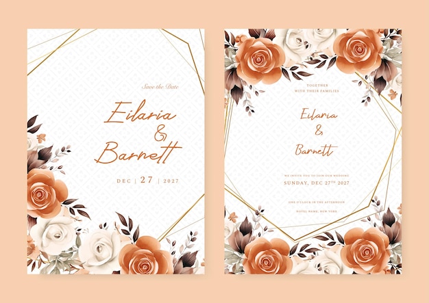 Bruine en witte roos bloemige bruilofts uitnodigingskaart sjabloon set met bloemen frame decoratie