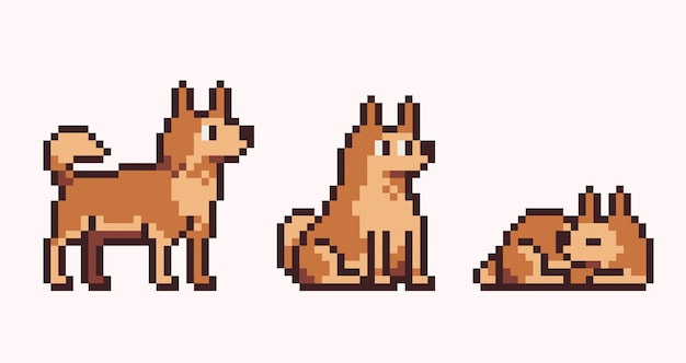 Bruine hond in verschillende poses pixelart set leuke zittende en slapende hondencollectie