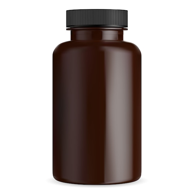 Bruine pil fles mockup. Injectieflacon met medische tablet. Amber supplementcontainer met zwart deksel. Cilinderpakket voor farmaceutisch geneesmiddel op wit wordt geïsoleerd. Grote plastic apotheekdoos