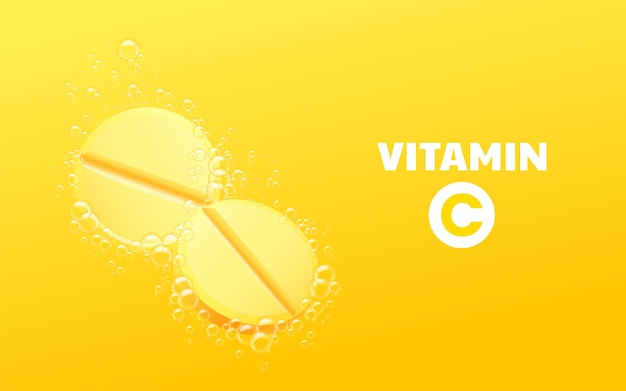 Bruisende oplosbare pillen. Vitamine C oplosbare medicijnen met citroensmaak in water met sprankelende bubbel