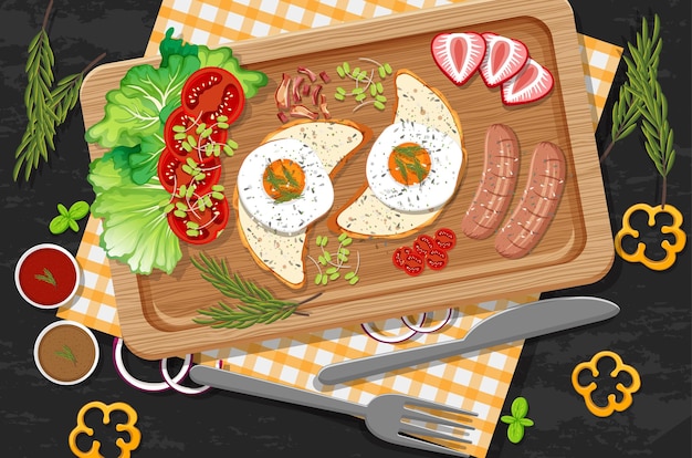 Brunch or breakfast dish in cartoon style on the table