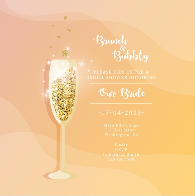 Brunch en Bubbly vrijgezellenfeest. Vector illustratie. Huwelijksuitnodiging met gouden glitters.