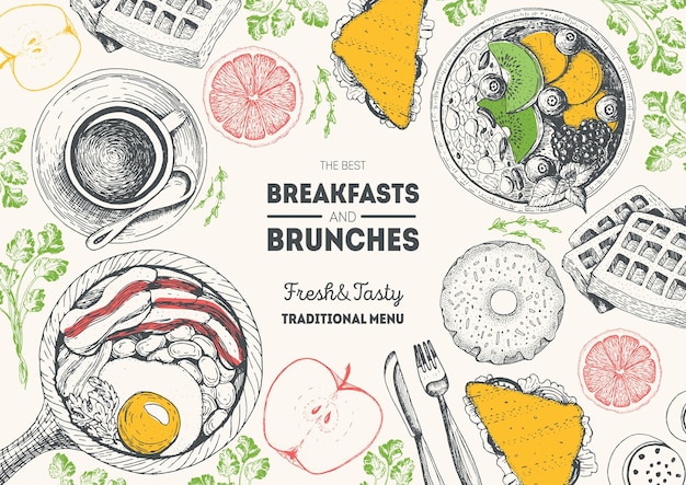 Brunch en ontbijt bovenaanzicht frame Voedsel menu ontwerp Vintage hand getrokken schets vectorillustratie