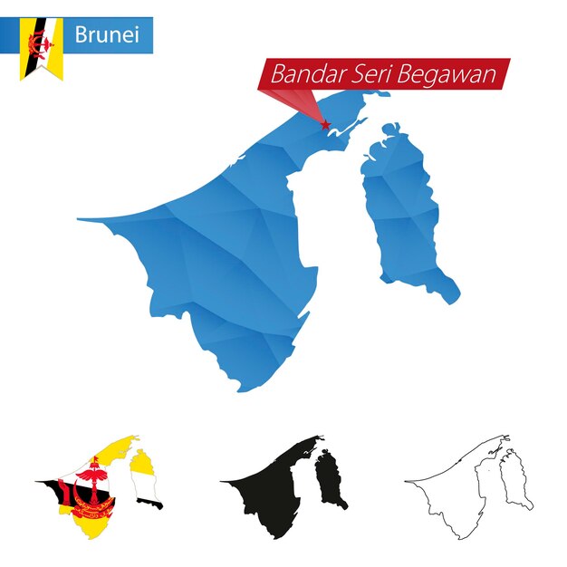 Brunei blauwe low poly kaart met hoofdstad bandar seri begawan