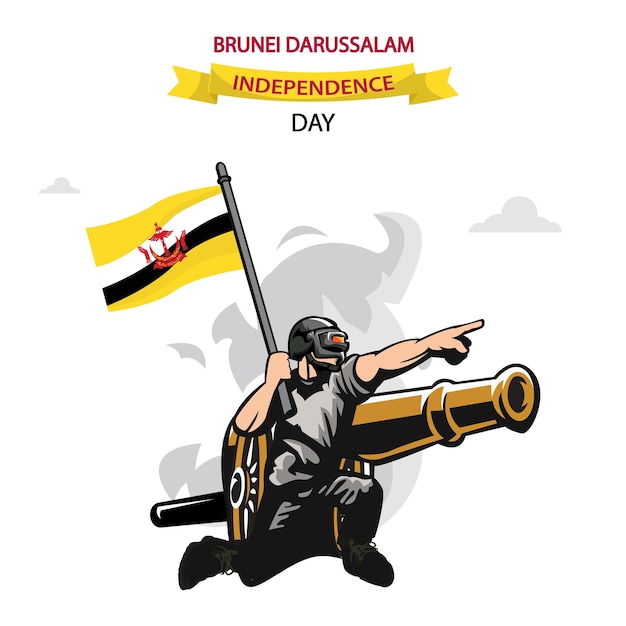 Brunei darussalam nationale dag vector flat design patriottische soldaat die de vlag van brunei darussalam draagt