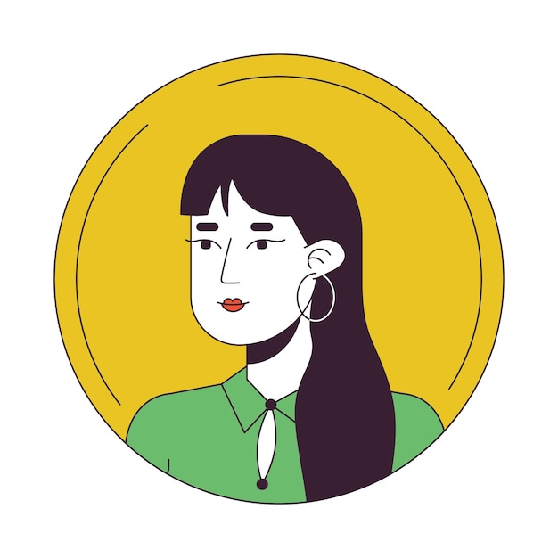 ブルネットのアジア人女性 フラットカラーのアバターアイコン 長 ⁇   ⁇ 麗な顔 編集可能な2dユーザーポートレート 線形イラスト 孤立したベクトル 顔プロファイル クリパート ユーザーピック 人の頭と肩