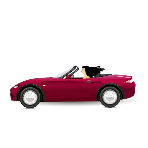 Vector brunette driving a red convertible. woman driving.