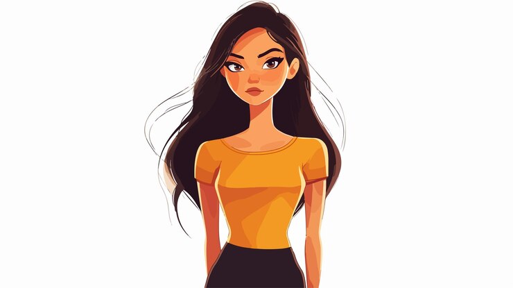 Vector brunette girl cartoon portrait isolated wide angle professional illustration for projects