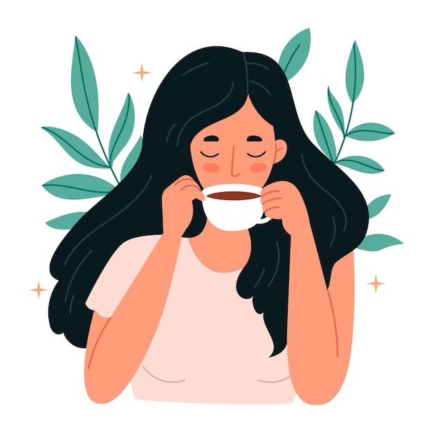 茶色の女の子が葉の背景でコーヒーを飲み茶やコーヒーのカップを飲んで葉の背景にリラックスするトレンドリーなフラットキャラクターの女の子