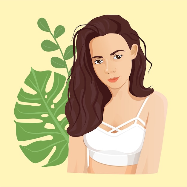 Vector brunette girl in a white top on a background of exotic leaves