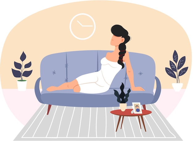 Вектор Брунетка лежит в современной гостиной векторная иллюстрация женщина в белом платье или ночной одежде лежит на удобном диване девушка отдыхает в квартире одна женский персонаж на диване