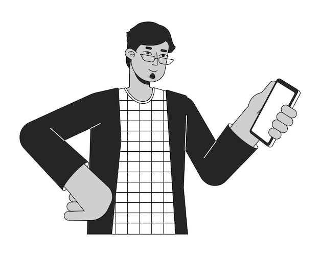 Вектор Брунетка с смартфоном плоская линия черно-белый векторный персонаж редактируемый контур половина тела человек онлайн заказ простой мультфильм изолированная точка иллюстрация для веб-графического дизайна